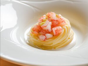 Spaghettino freddo, pomata di mandorla e gamberi - Chef Fabio Dodero - Metis