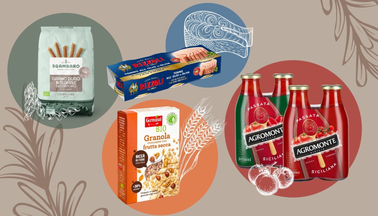 Prodotti per la dispensa di settembre: pasta integrale Sgambaro, tonno in lattina Rizzoli Emanuelli, granola con frutta secca Germinal Bio e passate siciliane Agromonte