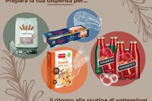 Prodotti per la dispensa di settembre: pasta integrale Sgambaro, tonno in lattina Rizzoli Emanuelli, granola con frutta secca Germinal Bio e passate siciliane Agromonte