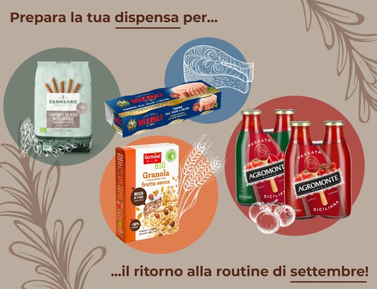 Prodotti per la dispensa di settembre: pasta integrale Sgambaro, tonno in lattina Rizzoli Emanuelli, granola con frutta secca Germinal Bio e passate siciliane Agromonte